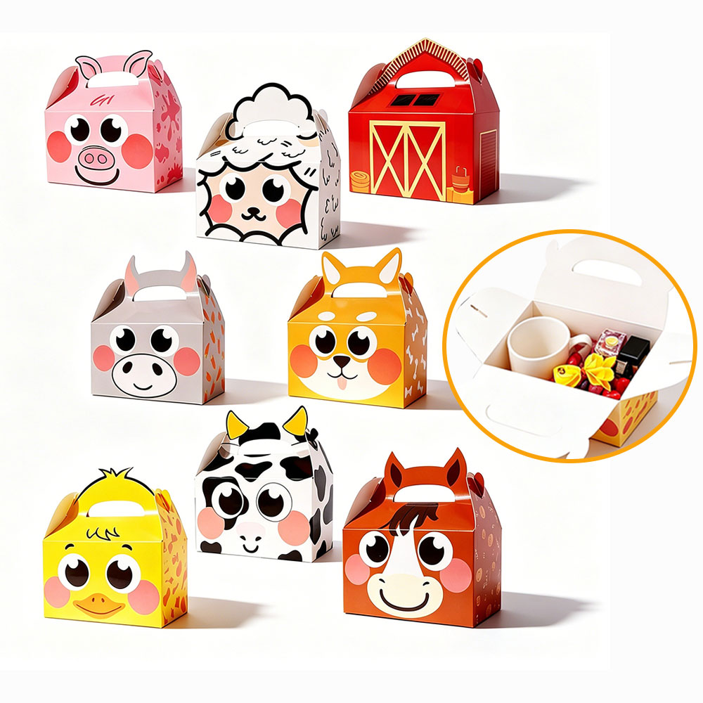 Event Party Box - 8/16/24 ชิ้น กล่องของขวัญธีมสัตว์ฟาร์มน่ารัก กล่องใส่ขนมสำหรับงานปาร์ตี้วันเกิดเด็ก พร้อมหูหิ้ว กล่องของขวัญกระดาษ